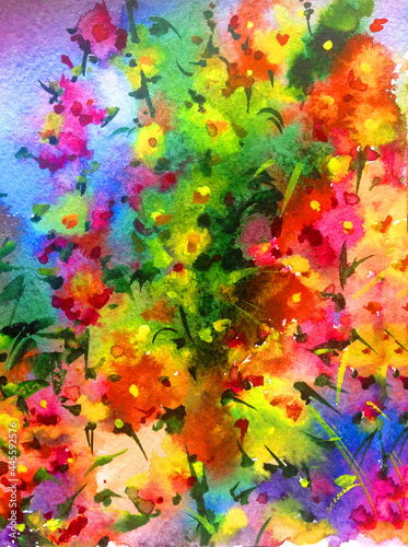 Watercolor colorful bright textured abstract background handmade . Mediterranean landscape . Painting of vegetation of the sea coast , idyll garden , made in the technique of watercolors from nature © olha