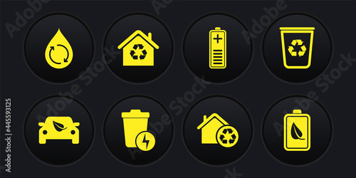 Set Eco car drive with leaf, Recycle bin recycle, Lightning trash can, House recycling, Battery charge level indicator, nature and battery and clean aqua icon. Vector