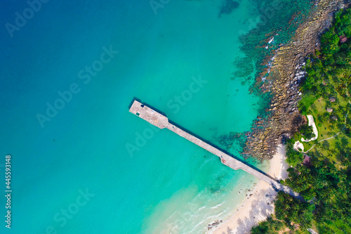 Aerial view sea beach with pier summer vacation
