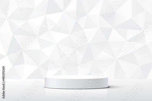 Abstract 3D white cylinder pedestal podium with white diamond texture wall scene. Low polygon background. Vector rendering minimal geometric platform design for luxury product display presentation.