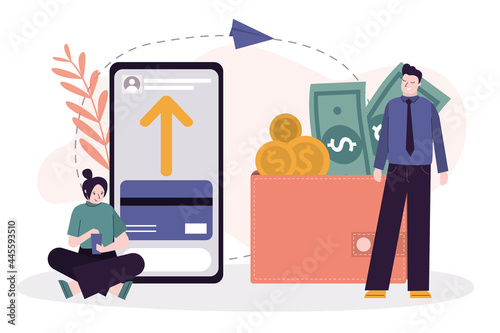 People send and receive money. Man withdraw cash. Application for transactions on smartphone screen. Wallet with cash. Concept of online transfer