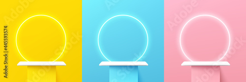 Set of abstract 3d shelf or white stand podium on yellow, blue, pink wall scene pastel color with neon ring background. Vector rendering geometric shape for cosmetic product display presentation.
