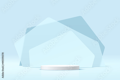 Abstract 3D white cylinder pedestal podium with transparent blue glass geometric shape layers backdrop. Vector rendering platform with pastel blue minimal wall scene for product display presentation.