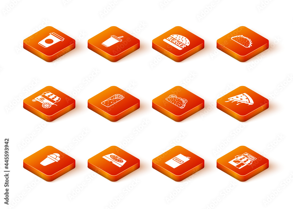 Set Ice cream, Pizza in cardboard box, Fast street food cart, Burrito, Beer can, Taco with tortilla, Pizzeria building facade and Slice of pizza icon. Vector Set Ice cream, Pizza in cardboard box, Fast street food cart, Burrito, Beer can, Taco with tortilla, Pizzeria building facade and Slice of pizza icon. Vector