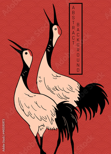 abstract asian illustration with cranes birds on orange blackground