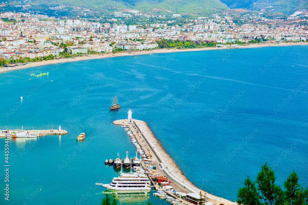 View of the sunny coastline in Turkey, Alanya city