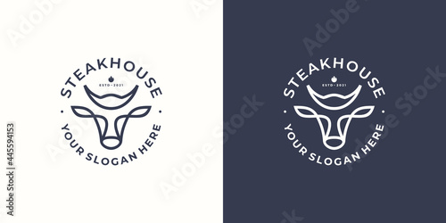 Steak house logo with bulls head. Vector illustration