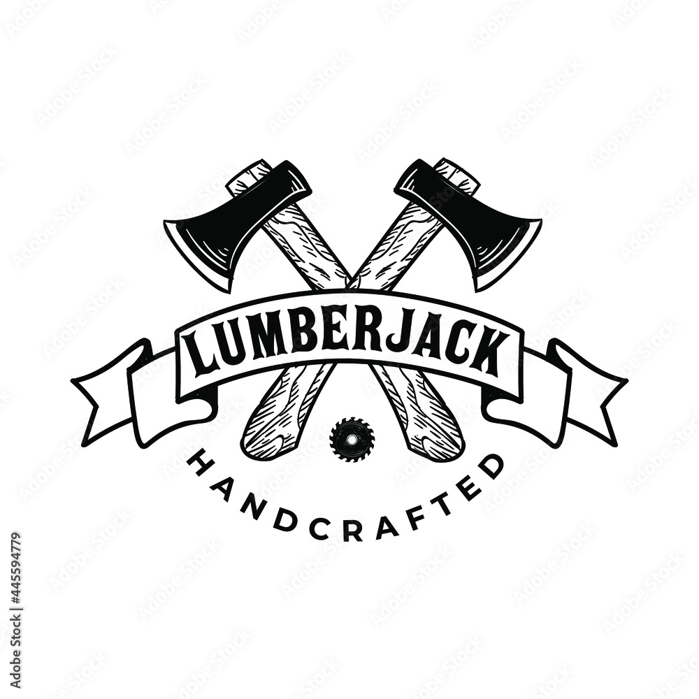 Crossed Axe Lumberjack Wooden Carpentry With Ribbon Banner Logo Vintage Vector Illustration Template Icon Design