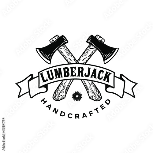 Crossed Axe Lumberjack Wooden Carpentry With Ribbon Banner Logo Vintage Vector Illustration Template Icon Design