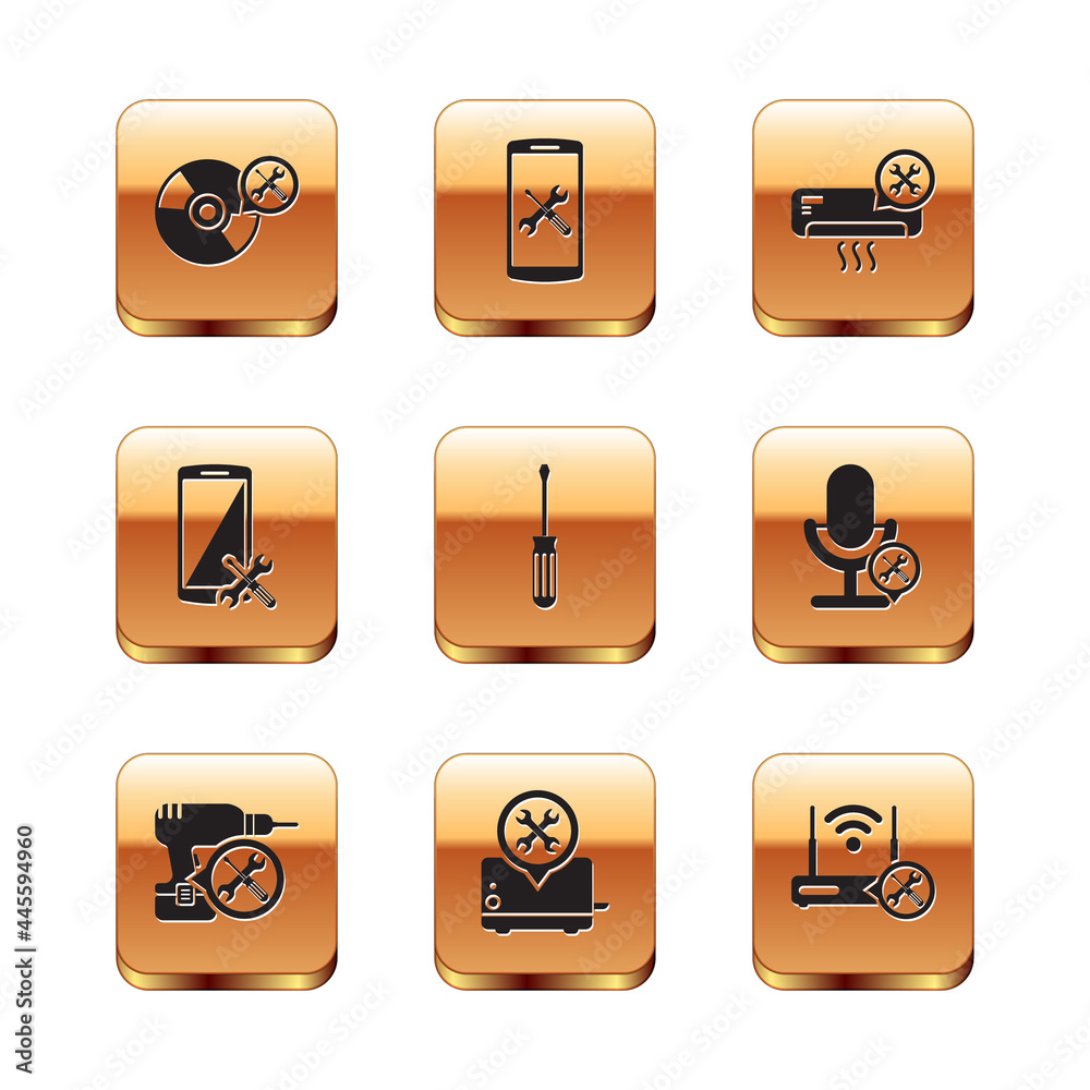 Set CD or DVD disk service, Drill machine, Toaster, Screwdriver, Smartphone, Air conditioner, Router wi-fi with and icon. Vector Set CD or DVD disk service, Drill machine, Toaster, Screwdriver, Smartphone, Air conditioner, Router wi-fi with and icon. Vector