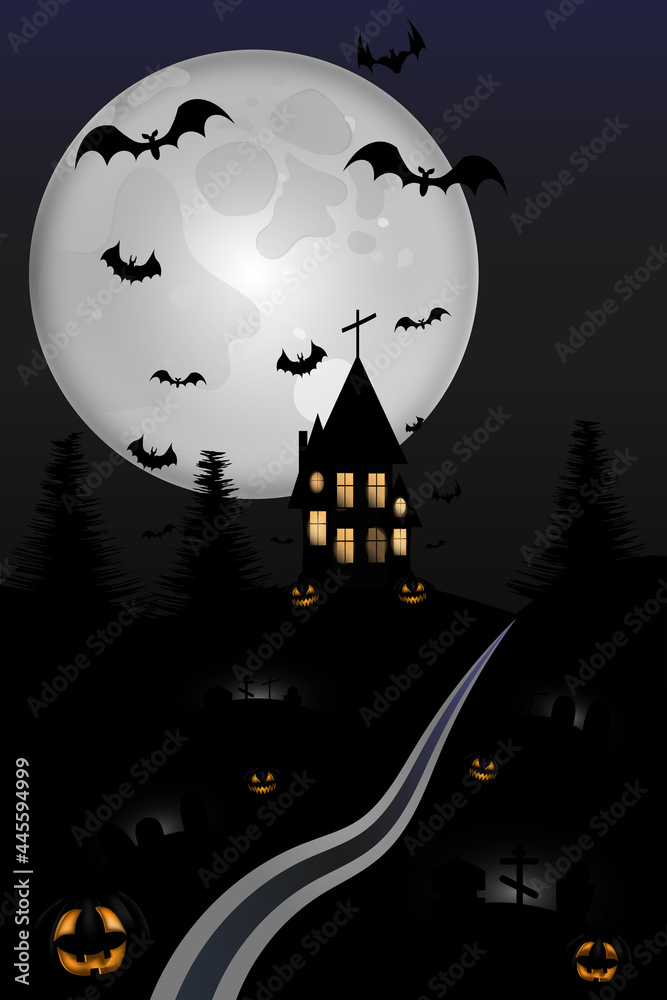 Fototapeta premium Halloween night haunted house on the hill. Cemetery and smiling pumpkins. Vector illustration. 