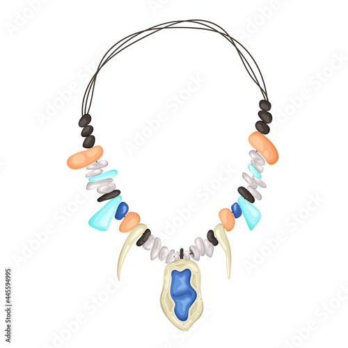 Ancient Ethnic Necklace made of Stones, Tusk.Tribal Jewerly. Historical Archaeological Element in cartoon style. Antique Amulet isolated on a white background.