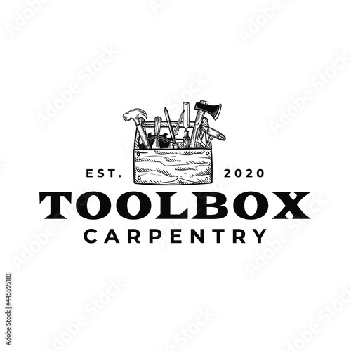 Toolbox Wooden Craftman Drawing Logo Vintage Vector Illustration Template Icon Design 