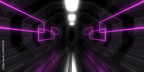 Fototapeta Naklejka Na Ścianę i Meble -  3D abstract background with neon lights. neon tunnel .space construction. 3d illustration