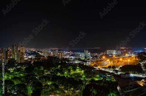 Night city skyline. Panoramic aerial shot of Sao Jose dos Campos city skyline - Sao Paulo, Brazil - at night. Night cityscape.