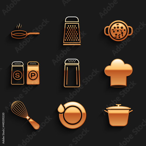 Set Salt and pepper, Washing dishes, Cooking pot, Chef hat, Kitchen whisk, soup and Frying pan icon. Vector