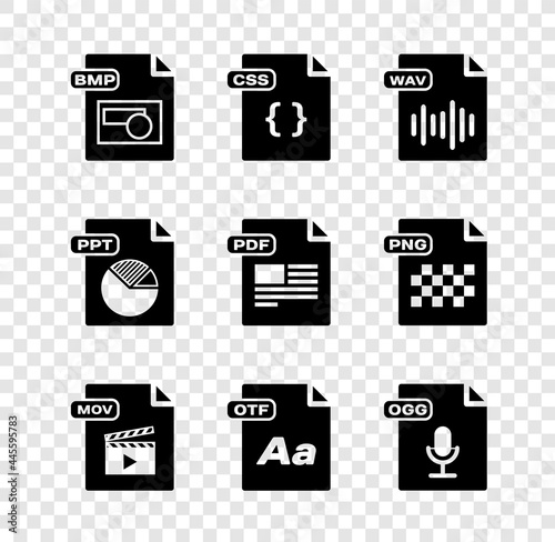 Set BMP file document, CSS, WAV, MOV, OTF, OGG, PPT and PDF icon. Vector