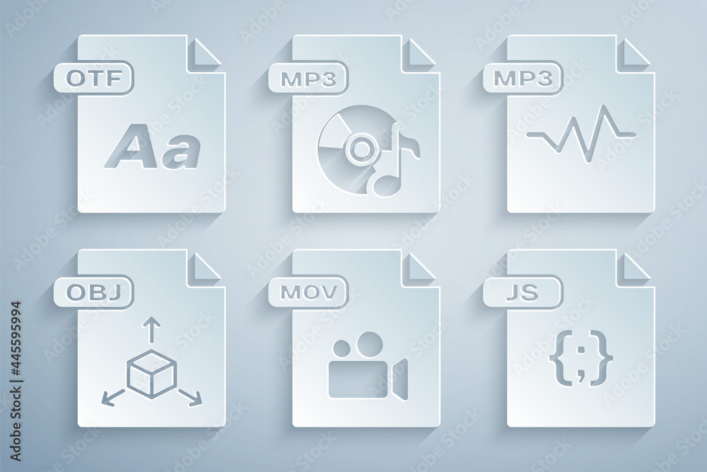 Set MOV file document, MP3, OBJ, JS, and OTF icon. Vector Set MOV file document, MP3, OBJ, JS, and OTF icon. Vector