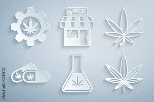 Set Test tube with marijuana, Marijuana or cannabis leaf, Medical pills, and store and icon. Vector