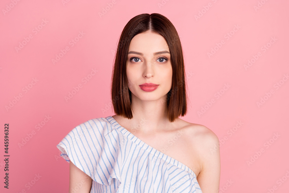 Photo of nice brunette young lady wear white blouse isolated on pink color background Photo of nice brunette young lady wear white blouse isolated on pink color background