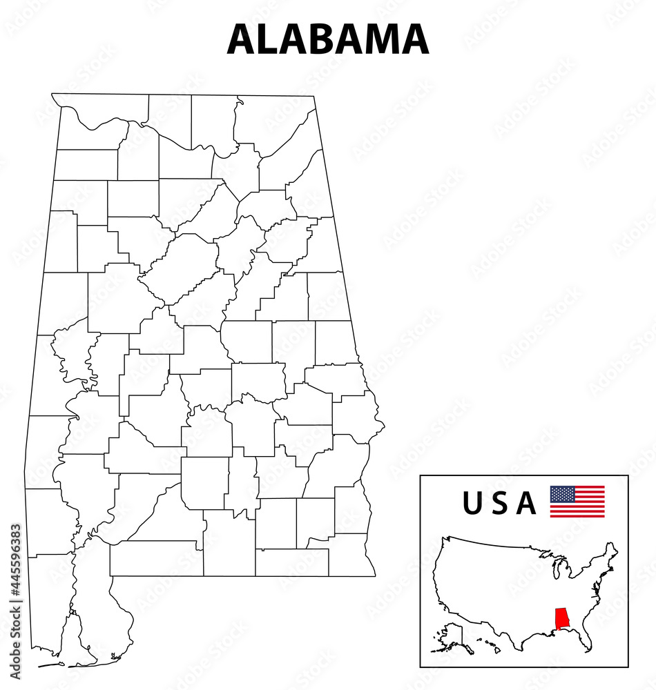 Alabama Map. State and district map of Alabama. Administrative and political map of Alabama with outline and black and white design.