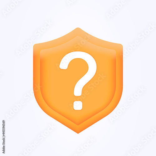 Question mark on the shield. 3d vector illustration. Metaphor question and answer. Web. Question pictures isolate on shield. Symbols of problem, trouble, confusion. Isolated