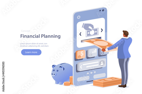 People character collect, manage and spending money in mobile financial app. Financial management of money for retirement and savings raising concept. Flat cartoon vector illustration.