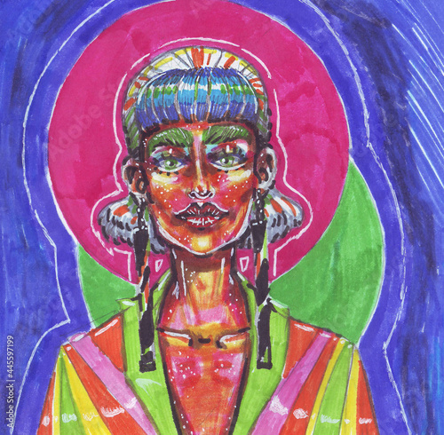Bright multicolored sketch with a fashionable girl oh with colored hair and makeup in a jacket on a blue background with traditional art markers.