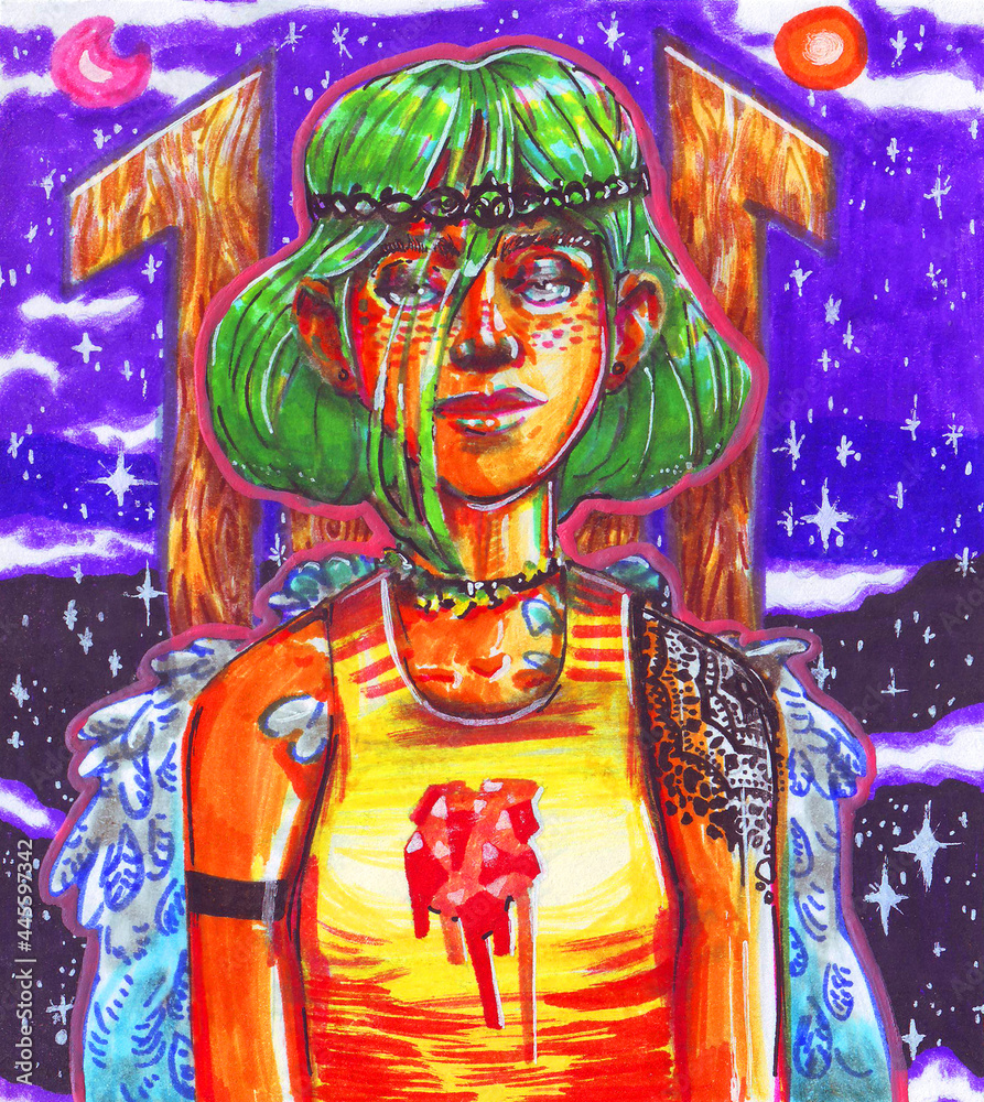 Fototapeta premium multicolored bright sketch with a girl with green hair, makeup and tattoo, with wings on the background of a blue starry night marker traditional art.