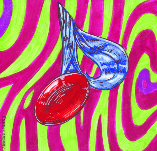 Multicolored bright sketch with a hint of red shiny candy and a blue top on a striped background green pink marker traditional art.