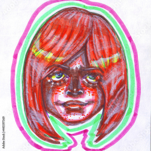 drawn cartoon head of a man and woman with bright red hair and freckles introduced in contrasting green pink on a white background.