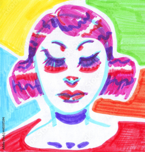 A marker drawn cartoon fashion woman head with bright purple hair, blue eyelashes on a colorful background.