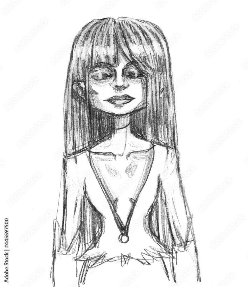 custom made wallpaper toronto digitalA pencil drawing sketch with standing girl in a suit with a large neckline, with long dark hair closed her eyes on a white background.
