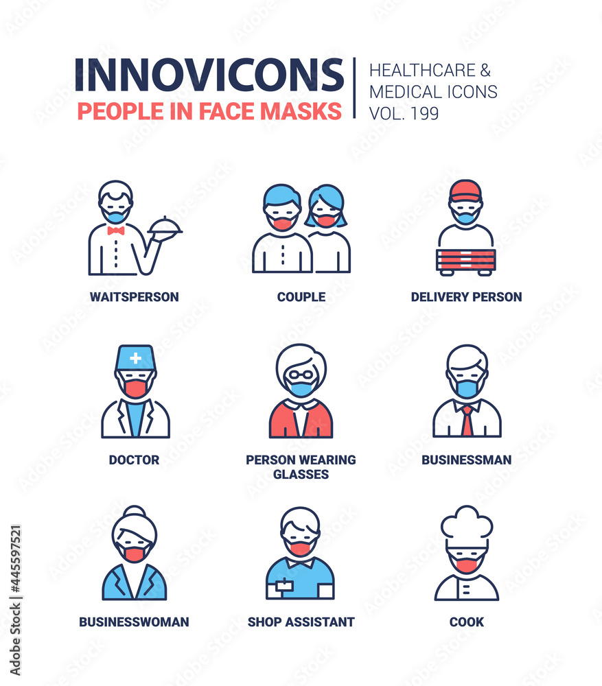 People in face masks - modern colorful line design style icons People in face masks - modern colorful line design style icons