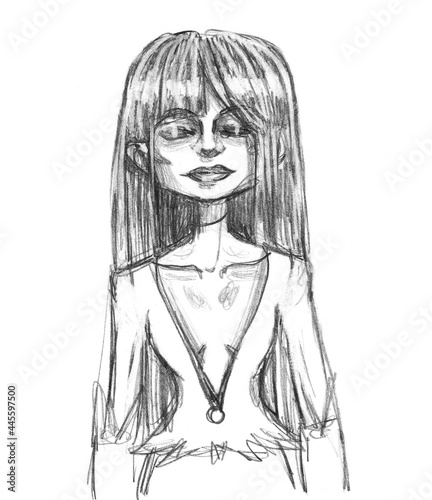 Wallpaper Mural A pencil drawing sketch with standing girl in a suit with a large neckline, with long dark hair closed her eyes on a white background. Torontodigital.ca