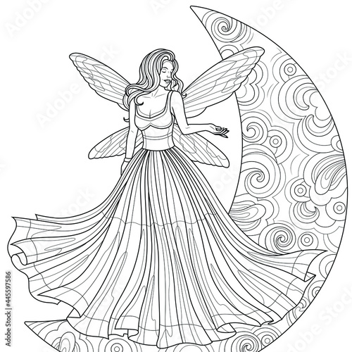 Fairy in the moon.Coloring book antistress for children and adults. Illustration isolated on white background.Zen-tangle style.