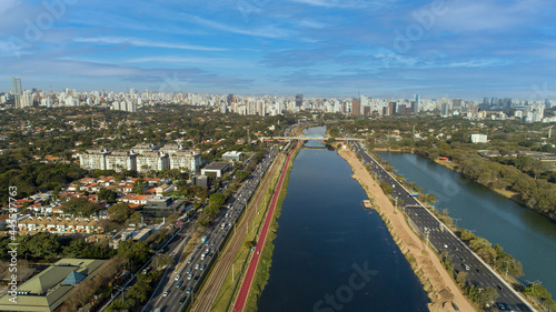 View of Marginal Pinheiros with the Pinheiros river and modern buildings in Sao Paulo, Brazil