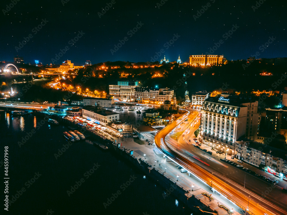 Fototapeta premium Aerial view from a drone of the embankment and the center of Kiev at night