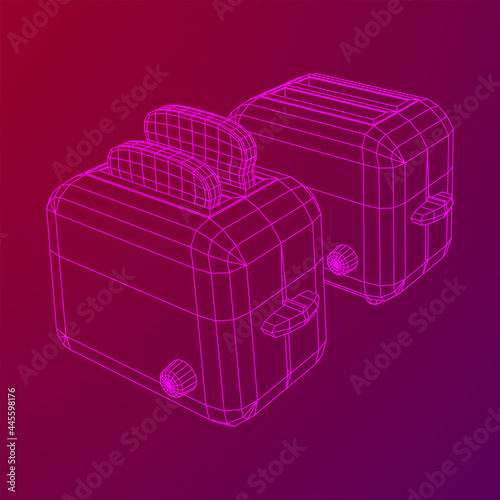 Toaster with two fried pieces of loaf prepared for a breakfast. Wireframe low poly mesh vector illustration.