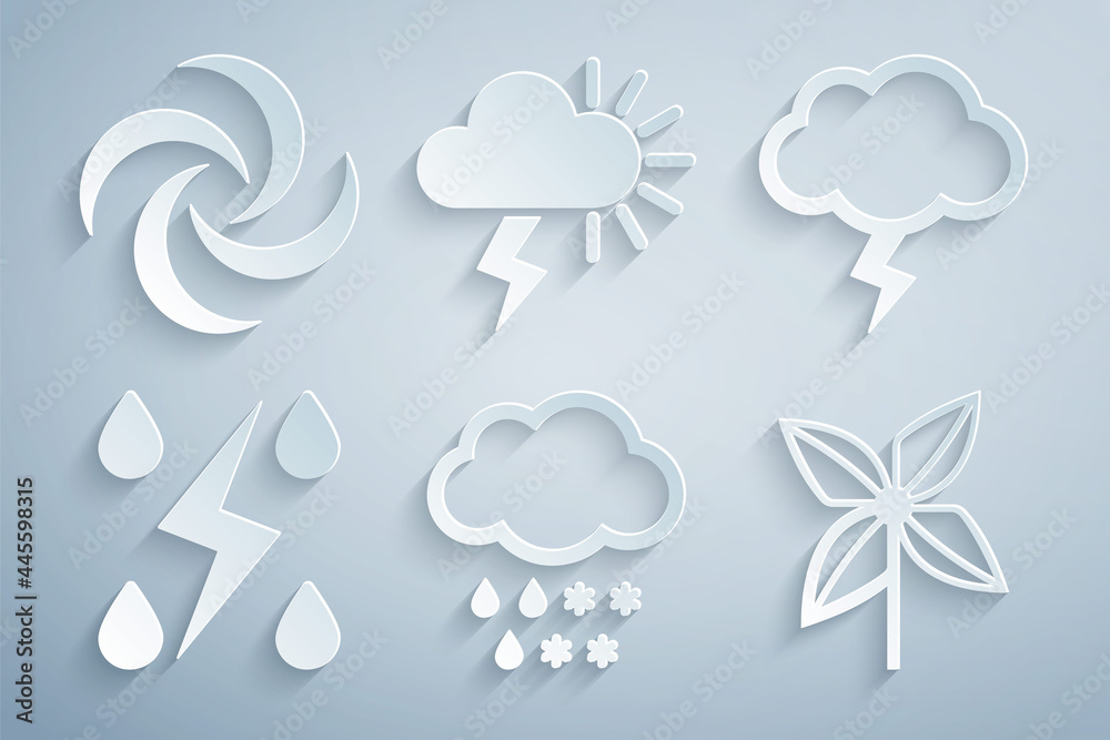 Obraz premium Set Cloud with snow and rain, Storm, Pinwheel, and Tornado icon. Vector