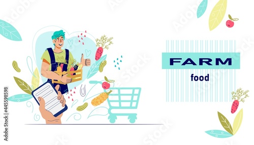 Online ordering of farm food and organic vegetables, local farm production web banner. Farm food, market or fair website and mobile site template, cartoon vector illustration.