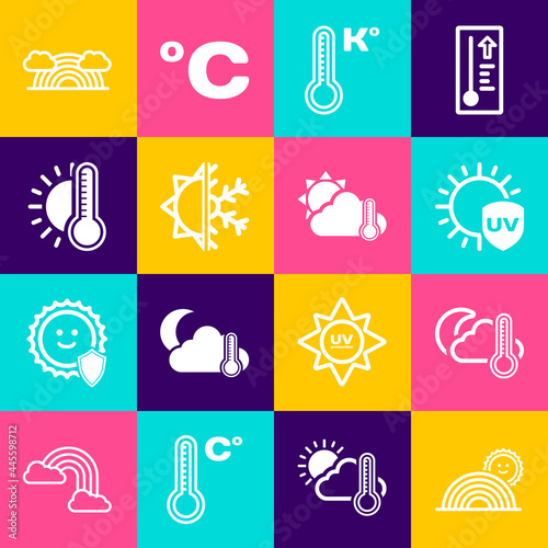 Set Rainbow with sun, Thermometer and cloud, moon, UV protection, Meteorology thermometer, Sun snowflake, clouds and icon. Vector