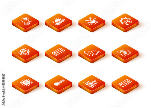 Set UV protection, Meteorology thermometer, Sun and snowflake, Water, Rainbow with cloud, and clouds sun icon. Vector