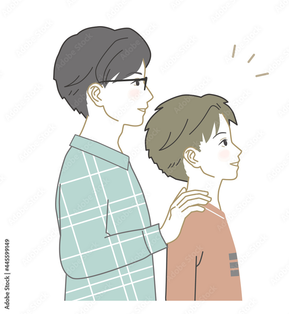 Japanese father and son, pointing