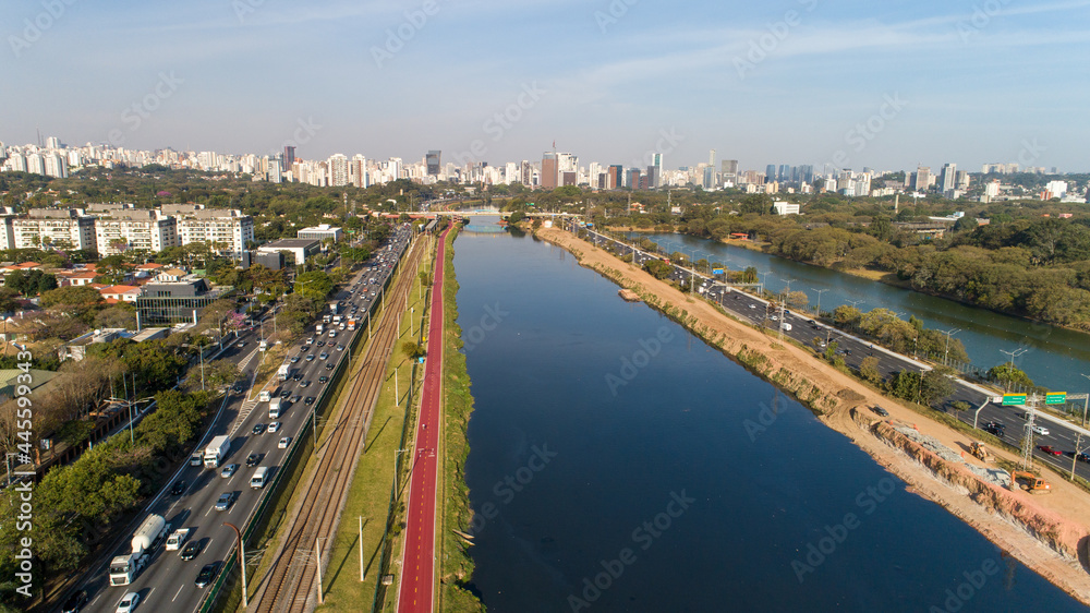 View of Marginal Pinheiros with the Pinheiros river and modern buildings in Sao Paulo, Brazil