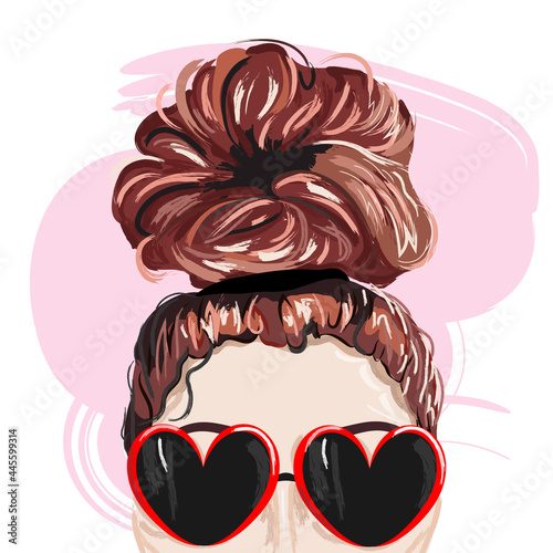 Young woman in heart-shaped glasses and gathered hair in a bun. Vector illustration