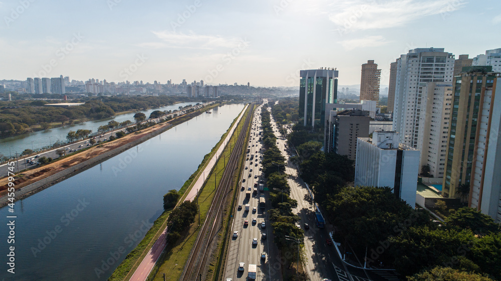 View of Marginal Pinheiros with the Pinheiros river and modern buildings in Sao Paulo, Brazil