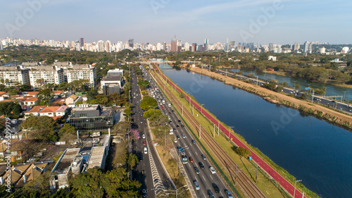 View of Marginal Pinheiros with the Pinheiros river and modern buildings in Sao Paulo  Brazil