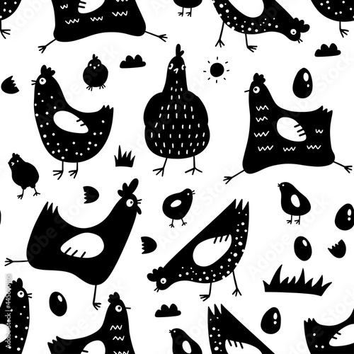 Seamless pattern with chickens, roosters, eggs in cartoon style, balck silhouette art. Background for design cover product packaging, advertising banner, card. Simple scandinavain vector illustration.