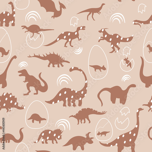 Seamless pattern with cute silhouettes baby dinosaurs. Jurassic mesozoic reptiles with animal eggs.Various dino characters in pastel color.Prehistoric illustration.Childish print wrapping paper